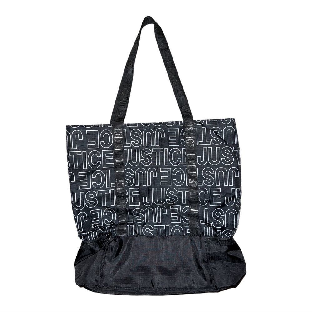 Justice Logo Drawstring Tote Bag Black White Girls Bag EUC